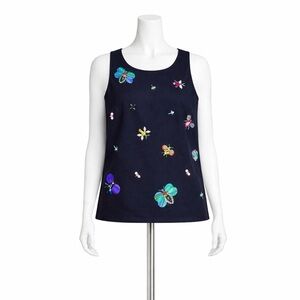 Talbots RSVP Navy Beaded Bug Motif Shell Top Size 4 Embellished
